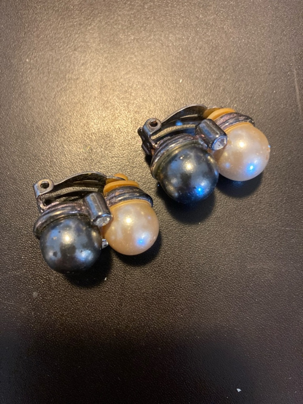 Vintage Double Pearl Clip-On Earrings - Black & Cream